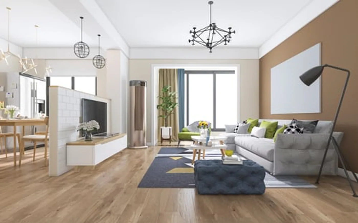 Modern open-plan living room with wide-plank wood-look flooring and natural light