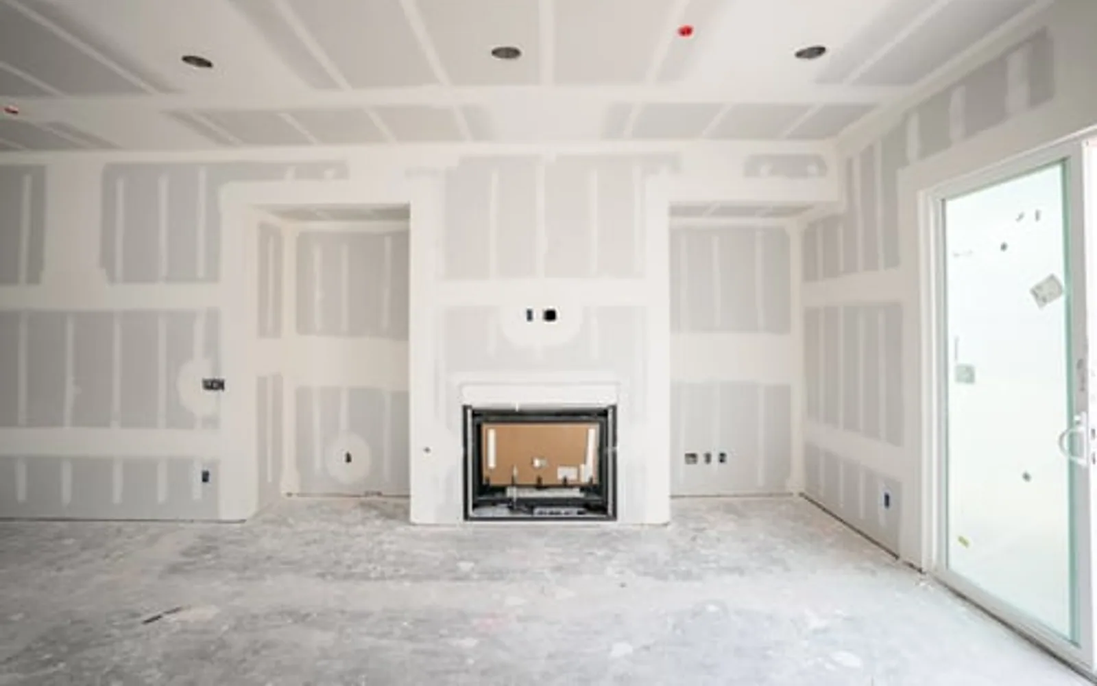 Freshly hung and taped drywall in a large living room with a coffered ceiling and fireplace